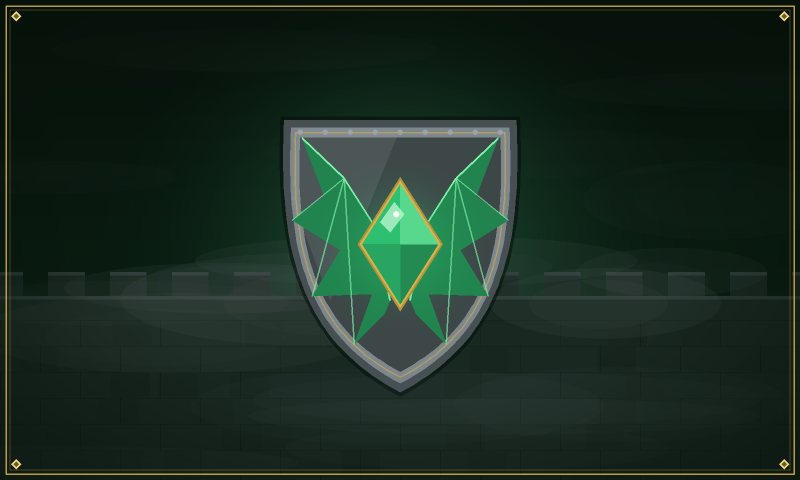 Escudo do Guardião envolvido por asas verdes diante das muralhas do reino.