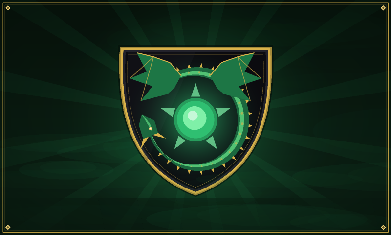 Brasão da Lenda com o Dragão Verde ao redor de um sol esmeralda.
