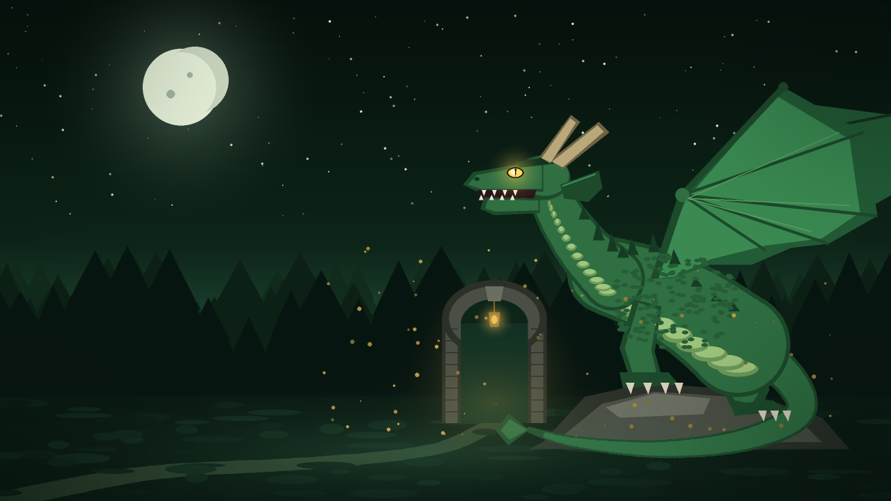 O Dragão Verde, guardião do reino, ergue-se sobre as rochas diante do portão de pedra iluminado, entre a floresta e a lua.